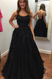Black Spaghetti Straps Floor Length Prom Dress With Appliques, Long Evening Dress Lace Up Back