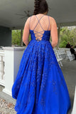 Black Spaghetti Straps Floor Length Prom Dress With Appliques, Long Evening Dress Lace Up Back Rjerdress