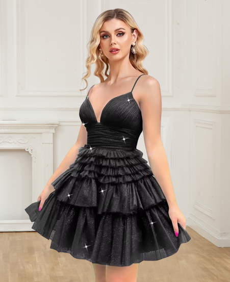 Black Spaghetti Straps V Neckline Short Homecoming Dresses Perfect Sweet 16 Dress RJS34 Rjerdress