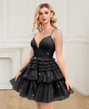 Black Spaghetti Straps V Neckline Short Homecoming Dresses Perfect Sweet 16 Dress RJS34