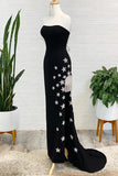 Black Strapless Sheath Slit Prom Dress with Stars and Fringes Rjerdress