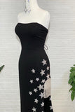 Black Strapless Sheath Slit Prom Dress with Stars and Fringes Rjerdress