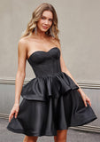 Black Strapless Tiered Satin Homecoming Dresses RJS836 Rjerdress