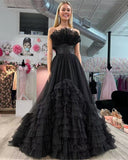 Black Strapless Tulle Belted Tiered Long Dress with Ruffles