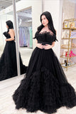 Black Strapless Tulle Belted Tiered Long Dress with Ruffles Rjerdress