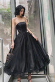 Black Strapless Tulle Homecoming Dress Puffy Ankle Length Formal Dresses