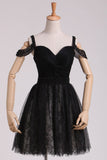 Black Straps A Line Hoco Dresses Lace With Ruffles & Beads