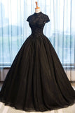Black Tulle Cap Sleeve Long High Neck Beads Ball Gown Open Back Prom Dresses RJS103