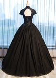 Black Tulle Cap Sleeve Long High Neck Beads Ball Gown Open Back Prom Dresses RJS103 Rjerdress