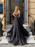 Black Tulle V Neck Sleeveless Long Prom Dresses Luxury Dresses RJS875 Rjerdress