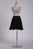 Black Two-Piece Hoco Dresses Beaded Bodice A-Line Chiffon