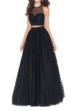Black Two Piece Polka A-Line Prom Dresses Side Zipper Floor-Length Rjerdress
