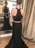 Black Two Pieces Mermaid High Neck Blush Prom Dress With Beading Rjerdress