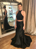 Black Two Pieces Mermaid High Neck Blush Prom Dress With Beading