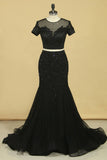 Black Two Pieces Scoop Short Sleeves Mermaid Party Dresses With Beading Tulle Rjerdress