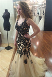 Black V-Neck Mermaid Tulle Lace Beads Sheer Back Long Applique Prom Dresses Rrjs368
