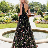 Black V Neck Sleeveless A Line Backless Lace Floral Prom Dresses,Floor Length Formal Dresses Rjerdress