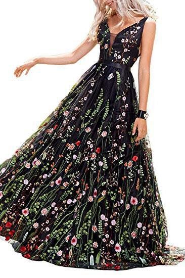 Black V Neck Sleeveless A Line Backless Lace Floral Prom Dresses,Floor Length Formal Dresses Rjerdress