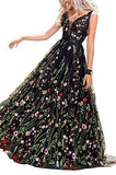 Black V Neck Sleeveless A Line Backless Lace Floral Prom Dresses,Floor Length Formal Dresses