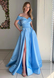 Blue A Line Off The Shoulder Floor Length Satin With Slit Prom Dresses