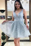 Blue A Line V Neck Sleeveless Homecoming Dress, Unique Shiny Sequin Short Prom Dress