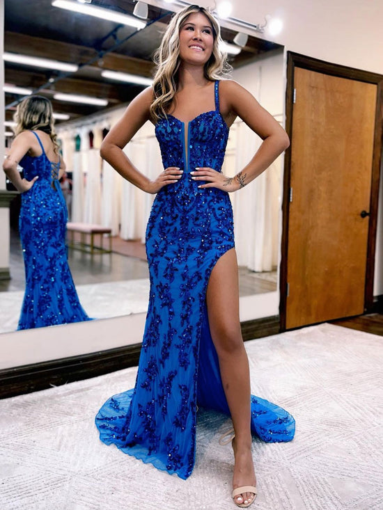 Blue Appliques Mermaid Straps Lace Up Long Prom Dress With Split Rjerdress