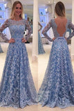 Blue Backless Lace Long Sleeves Jewel Bowknot Sweep Train Long Prom Dress Rjerdress