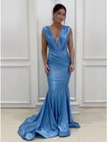 Blue Backless Mermaid Cap Sleeves V-neck Long Satin Bridesmaid Dresses