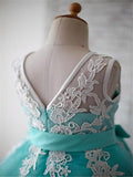 Blue Ball Gown Scoop Sleeveless Bowknot Floor-Length Tulle Appliques Flower Girl Dresses GD00008 Rjerdress