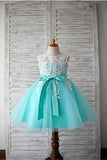 Blue Ball Gown Scoop Sleeveless Bowknot Floor-Length Tulle Appliques Flower Girl Dresses GD00008 Rjerdress