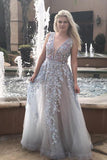 Blue Deep V Neck Backless Prom Dresses Long Lace Appliques Tulle Formal Dresses RJS521