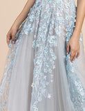Blue Deep V Neck Backless Prom Dresses Long Lace Appliques Tulle Formal Dresses RJS521 Rjerdress