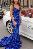 Blue Deep V-Neck Open Back Mermaid Sequins  Backless Prom Dresses RJS801
