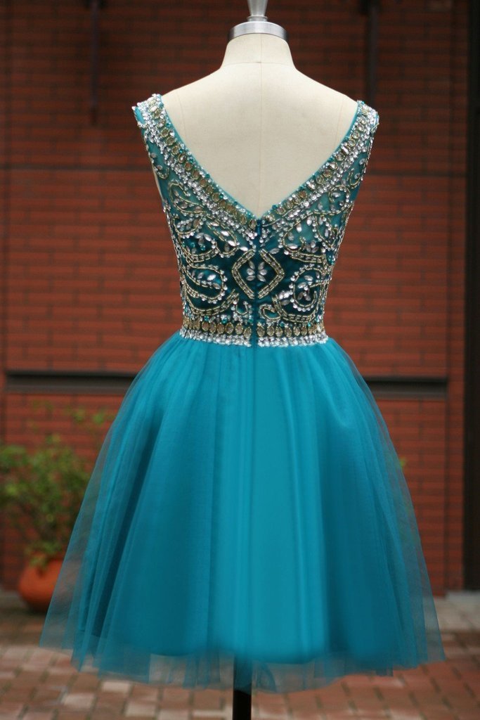 Blue Homecoming Dress Short Prom Gown Tulle Beads Open Back Homecoming Gowns RJS910 Rjerdress
