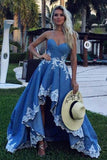 Blue Lace High Low Sweetheart A Line Appliques Long Strapless Cheap Prom Dresses RJS34 Rjerdress