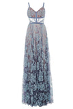 Blue Lace Spaghetti Long A-line Backless V-Neck Sleeveless Prom Dresses RJS581 Rjerdress