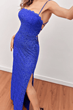 Blue Lace Spaghetti Straps Long Mermaid Prom Dresses V Neck Sleeveless Evening Dresses Rrjs522 Rjerdress