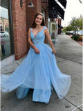 Blue Lace & Tulle Ball Gown Straps Sweetheart Prom Dresses with Appliques