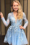 Blue Long Sleeve V Neck Lace Appliques Beads Homecoming Dresses Cocktail Dresses H1248