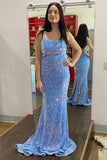 Blue Mermaid Sequin Square Neck Straps Backless Long Prom Dress