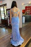 Blue Mermaid Sequin Square Neck Straps Backless Long Prom Dress Rjerdress