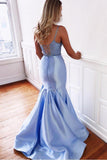 Blue Mermaid Two Piece Satin Lace up Long Prom Dresses V Neck Evening Dresses Rrjs638 Rjerdress