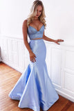 Blue Mermaid Two Piece Satin Lace up Long Prom Dresses V Neck Evening Dresses Rrjs638 Rjerdress