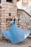 Blue Off the Shoulder Tulle Long Sleeve Sweetheart Prom Dresses