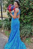 Blue Open Back V Neck Lace Mermaid Prom Dresses Sweep Train Rjerdress