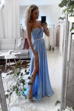 Blue Prom Dresses A Line Sweetheart Floor Length Chiffon Ship Today Under $200