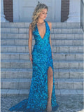 Blue Sequin Mermaid Long V Neck Sexy Backless Prom  Dresses With Split RJS133