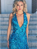 Blue Sequin Mermaid Long V Neck Sexy Backless Prom  Dresses With Split RJS133 Rjerdress