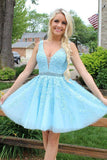 Blue Tulle Lace Appliques Short CocktailDress Beads Open Back Homecoming Dresses Rjerdress