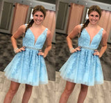 Blue Tulle Lace Appliques Short CocktailDress Beads Open Back Homecoming Dresses Rjerdress